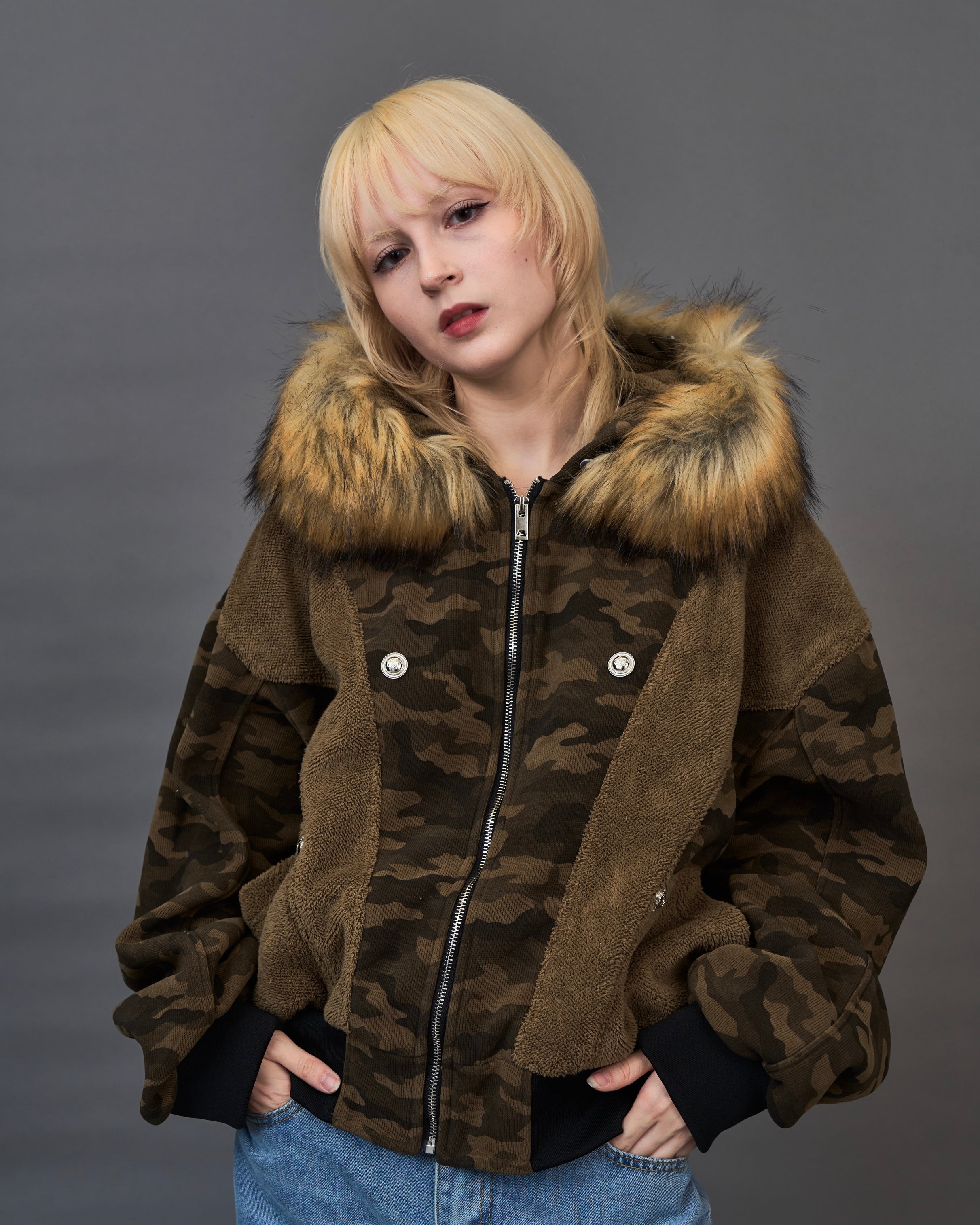 Military Camouflage Faux Fur Short Blouson /ミリタリーカモフラージュ ファーショートブルゾンSL0046