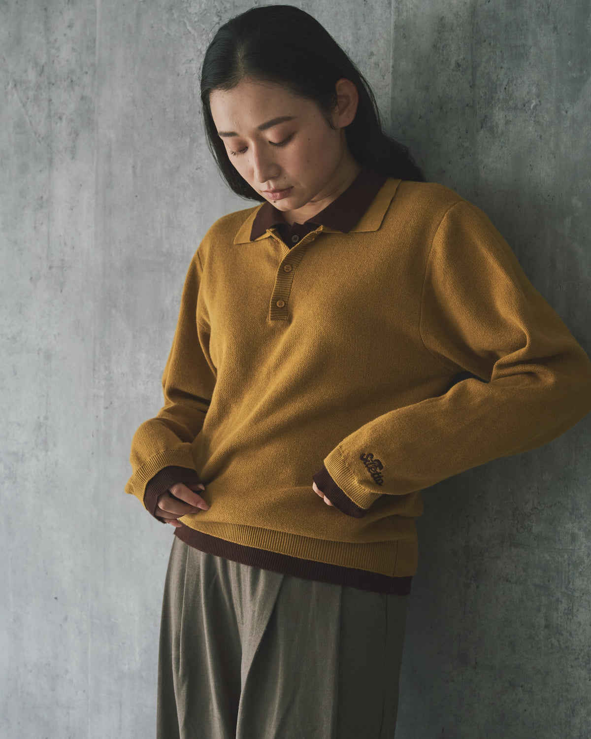 Outline Layered Cotton Knit Polo LS