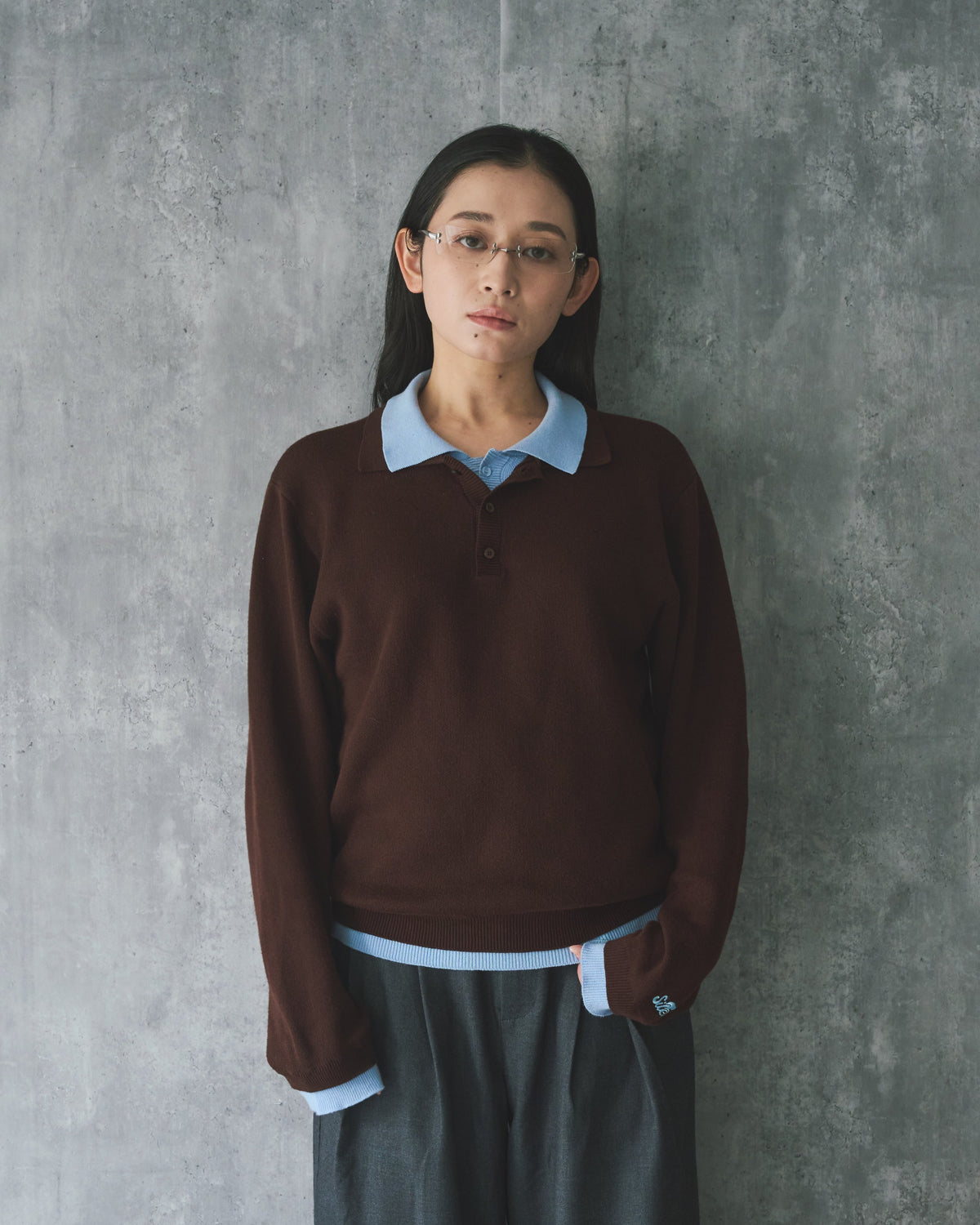 Outline Layered Cotton Knit Polo LS