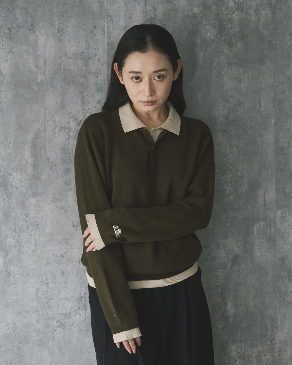 Outline Layered Cotton Knit Polo LS