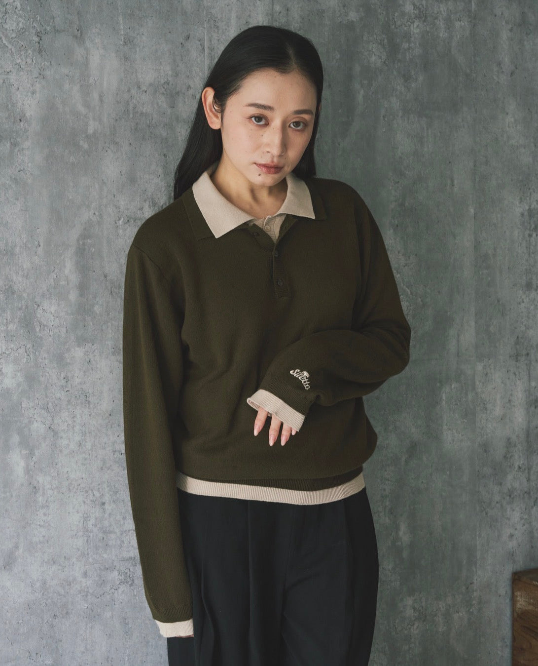Outline Layered Cotton Knit Polo LS