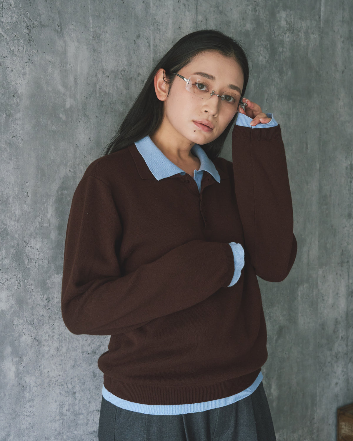 Outline Layered Cotton Knit Polo LS