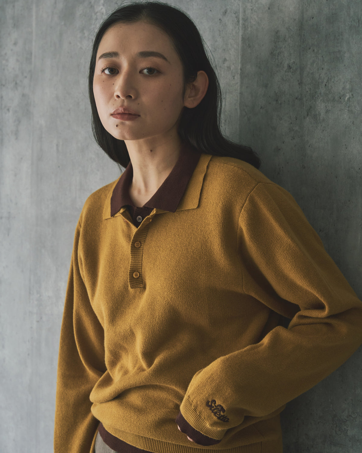Outline Layered Cotton Knit Polo LS