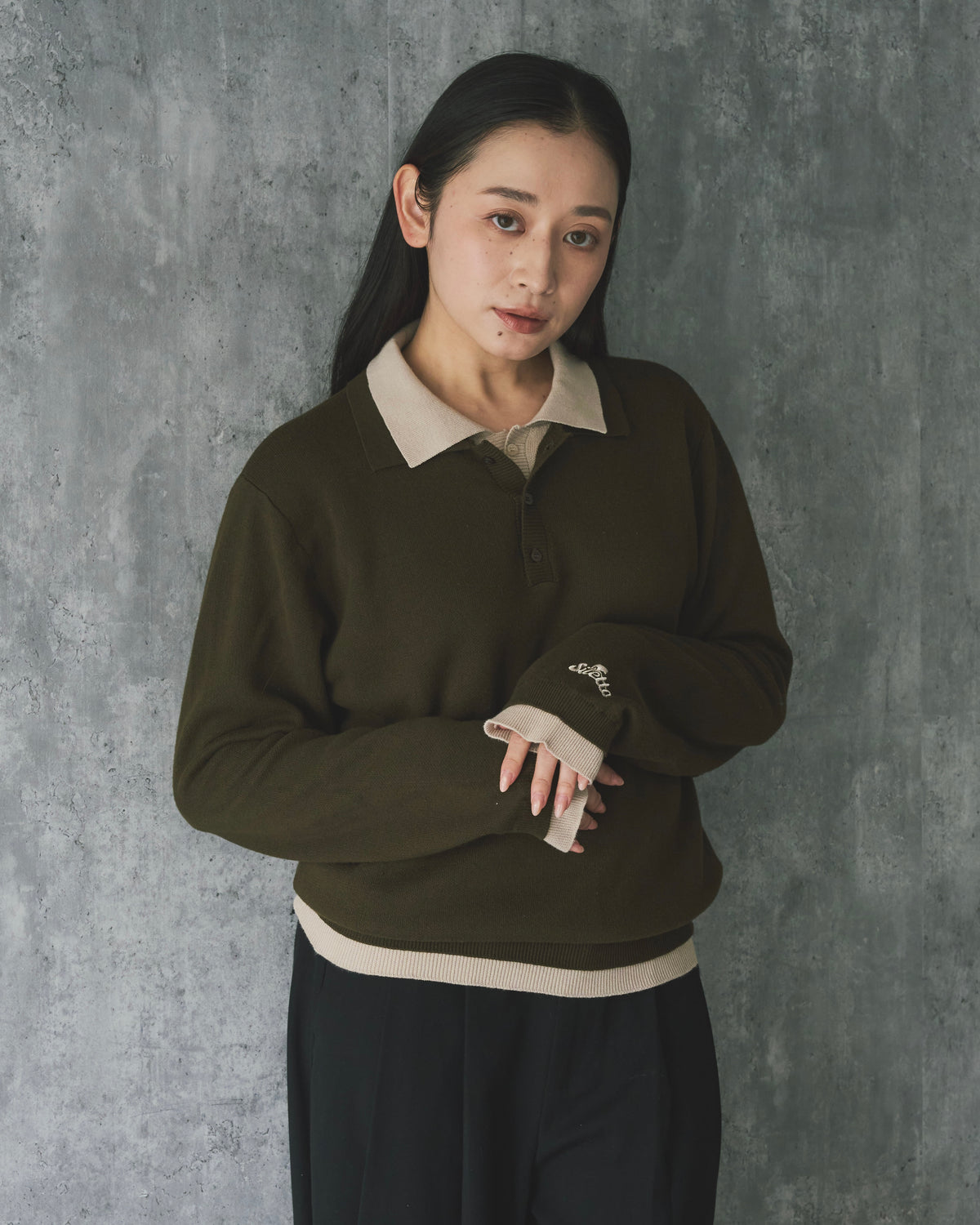 Outline Layered Cotton Knit Polo LS