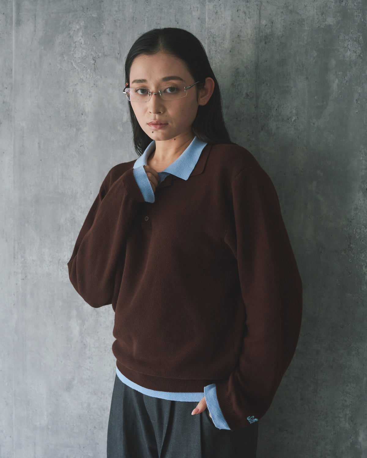 Outline Layered Cotton Knit Polo LS